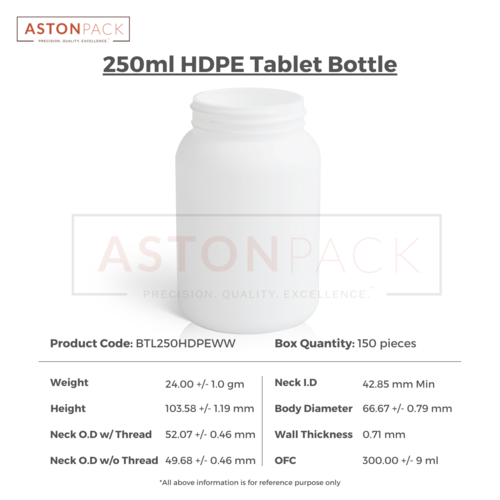 HDPE Tablet / Pill / Capsule Packer Bottle - 250 ml