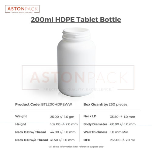 HDPE Tablet / Pill / Capsule Packer Bottle - 200 ml