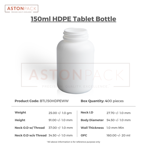HDPE Tablet / Pill / Capsule Packer Bottle - 150 ml