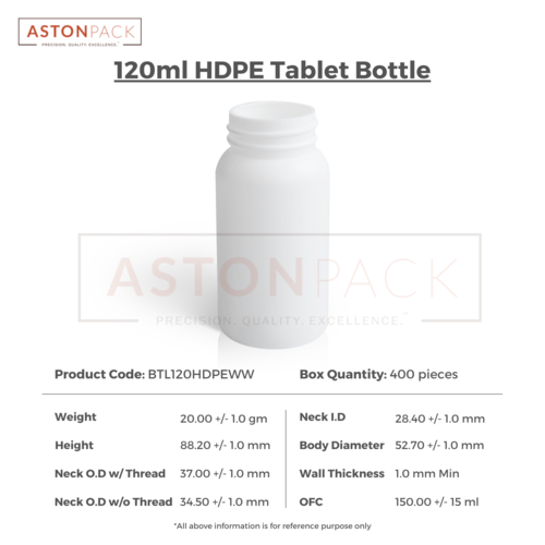 HDPE Tablet / Pill / Capsule Packer Bottle - 120 ml