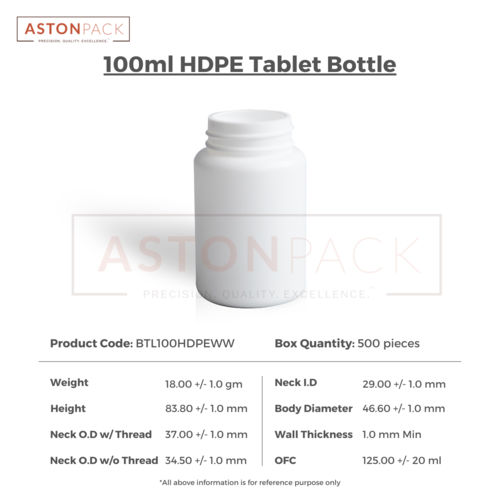 HDPE Tablet / Pill / Capsule Packer Bottle - 100 ml