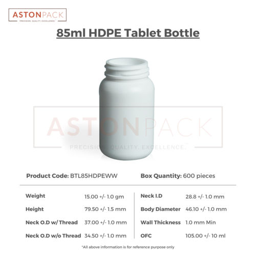 HDPE Tablet / Pill / Capsule Packer Bottle - 85 ml