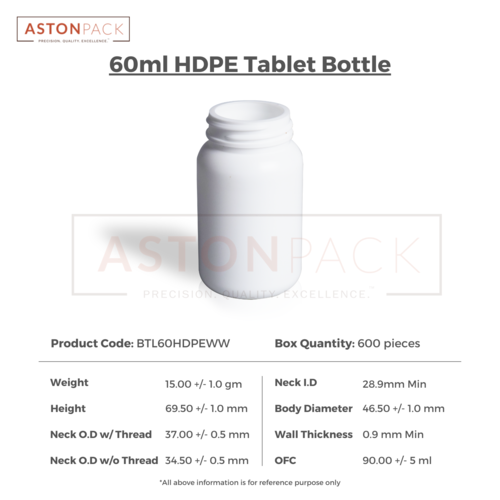 HDPE Tablet / Pill / Capsule Packer Bottle - 60 ml