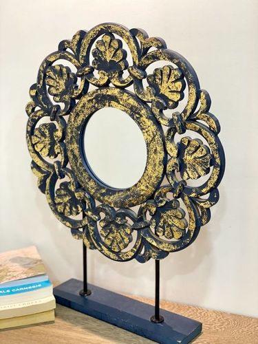 Antique Finish Round Panel With Mirror, Blue And Golden Touch