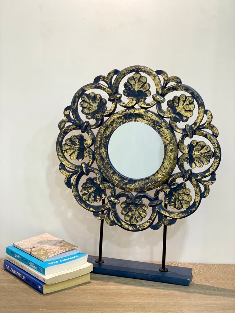 Antique Finish Round Panel with Mirror, Blue and Golden Touch