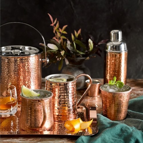 Copper Hammered Moscow Mug With Ice Bucket Bar Set