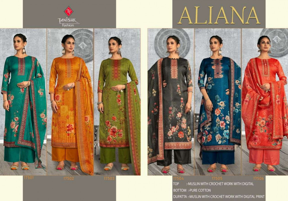 Tanishk Aliana Muslin Digital Print With Work Suits Catalog