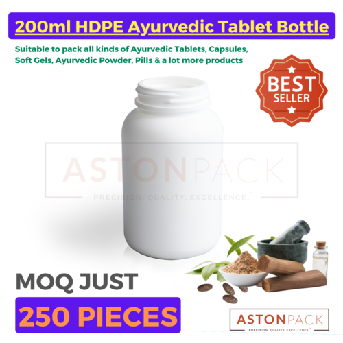 White Plastic Ayurvedic Tablet & Capsule Packaging Bottles - 200 Ml