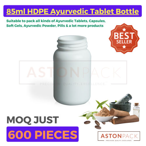 White Plastic Ayurvedic Tablet & Capsule Packaging Bottles - 85 Ml