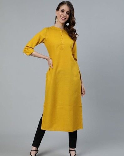 Yellow Solid Straight Rayon Kurti