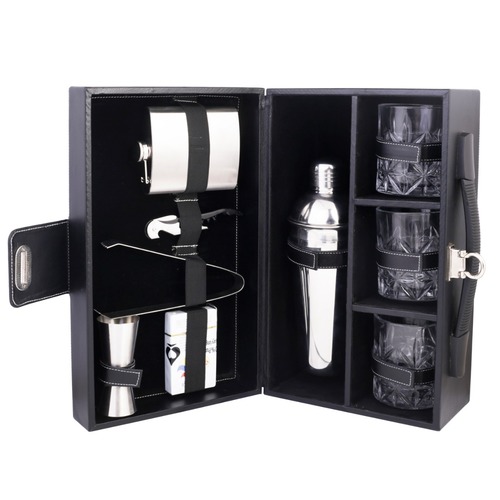 Black Leather Bar Kit With Glass 3