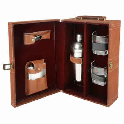 Brown Leather Bar Kit With Glass 2