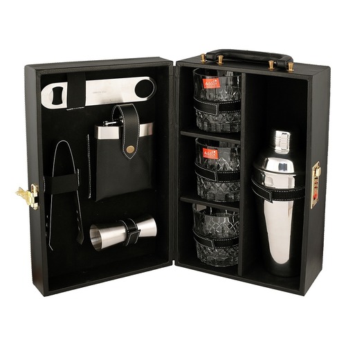 Black Leather Bar Kit With Three Glasses