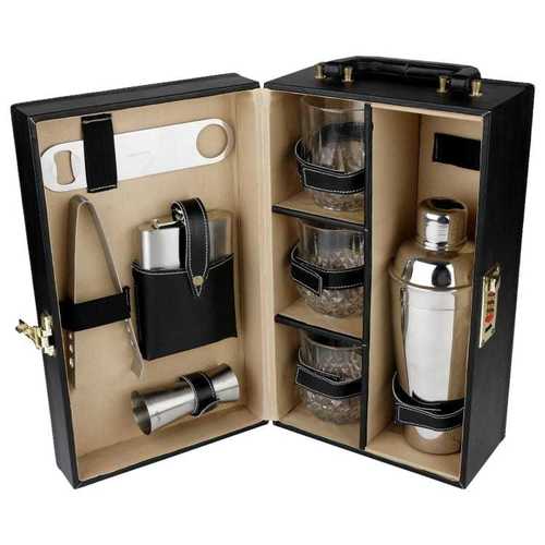 Black Leather Bar Kit With Three Glasses