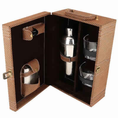 Brown Genuine Leather Bar Kit With Two Glass