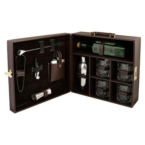 Dark Brown Leather Bar Kit With Glass 4