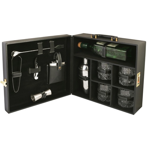 Four Glasses Black Leather Bar Kit