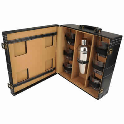 Black Leather Bar Kit With Glass 6