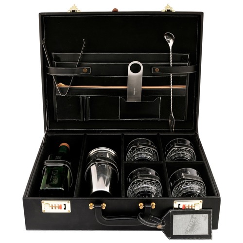 Portable Black Color Leather Bar Kit With 4 Glasses