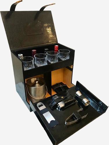 Black Leather Bar Kit With Ice Bucket & Glass By KING INTERNATIONAL