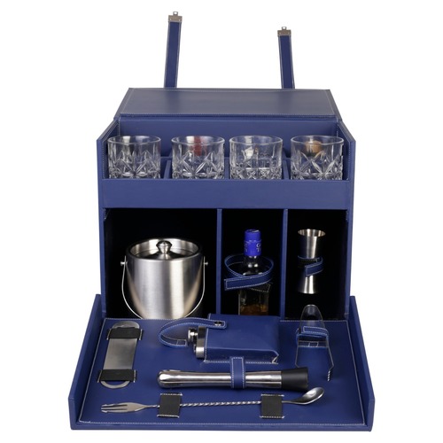 Blue Leather Bar Kit With Ice Bucket And Glass 4