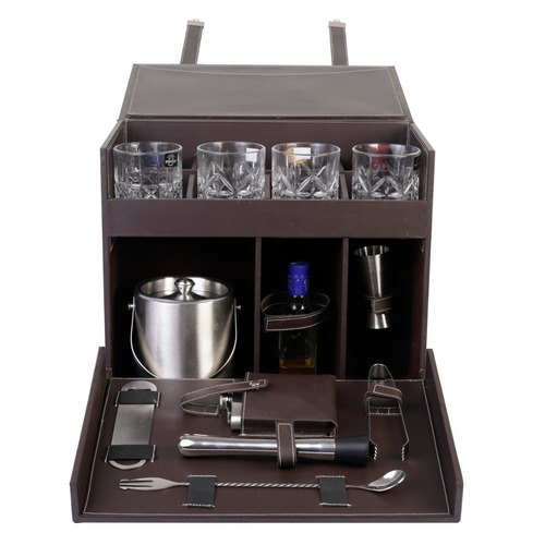 Brown Leather Bar Kit With Ice Bucket And Glass 4