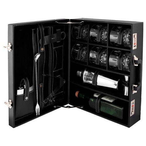 Black Leather Bar Kit With Glass 6