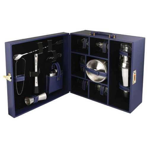 Blue Leather Bar Kit With Ice Bucket And Glass 6