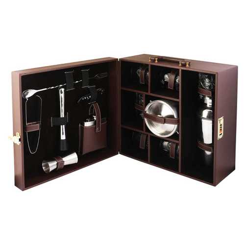 Brown Leather Bar Kit With Ice Bucket And Glass 6