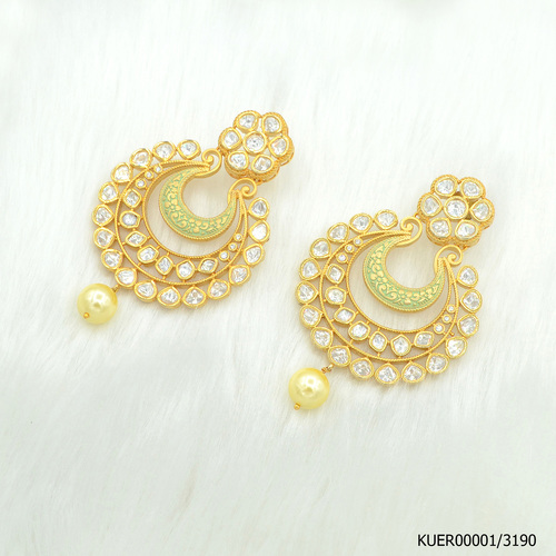 Kundan Earring With Mint Green Mina Work And Pearl Hanging By Emerald NX