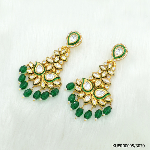 Kundan Earring With Beautiful American Diamond Work And Green Colour Hangings