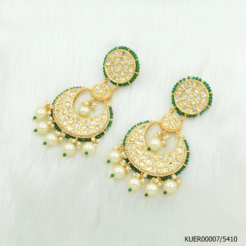 Kundan Earring With Beautiful Green Beads Work And Pearl Hangings