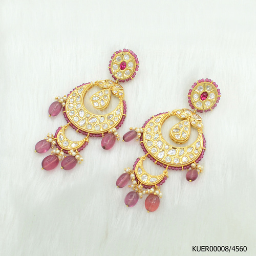 Kundan Earring With Beautiful Ruby Colour Beads Work And Hangings By Emerald NX