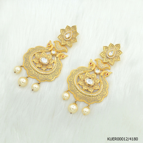 Kundan Earring With Mint Grey Mina Work And Pearl Hangings