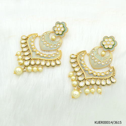 Kundan Earring With Mint Blue Mina Work And Pearl Hangings