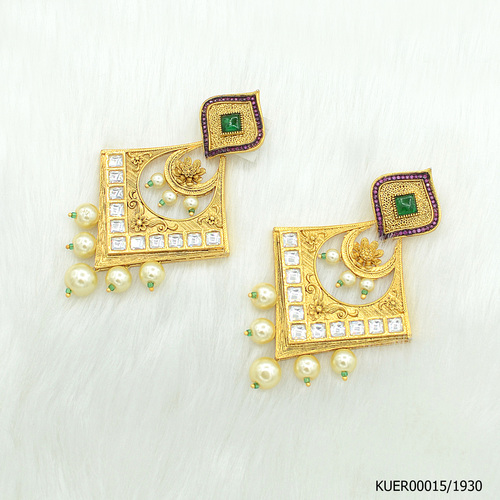 Kundan Earring With Ruby Green Colour Stone Work And Pearl Hangings By Emerald NX
