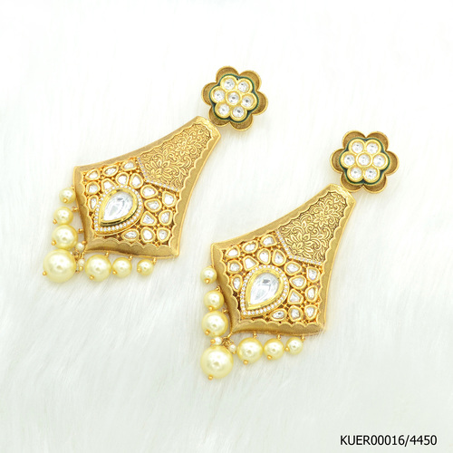 Kundan Earring With Antique Gold Work And Pearl Hangings