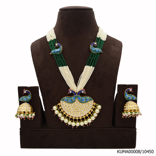 Kundan Pendent Set With Green Beads Mala And Hangings By Emerald NX