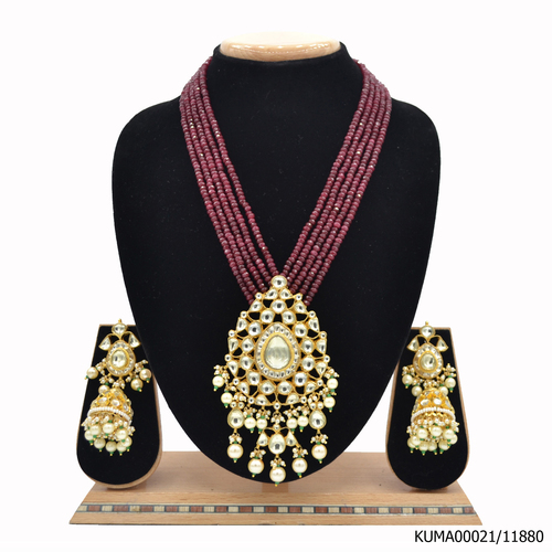 Kundan Pendent Set With Ruby Beads Mala And Pearl Hangings