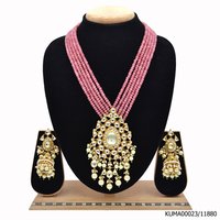 Kundan Pendent Set With Pink Beads Mala And Pearl Hangings