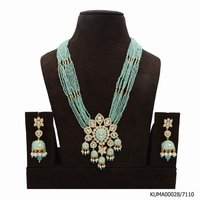 Kundan Pendent Set With Peach Colour Beads Mala And Pearl Hangings