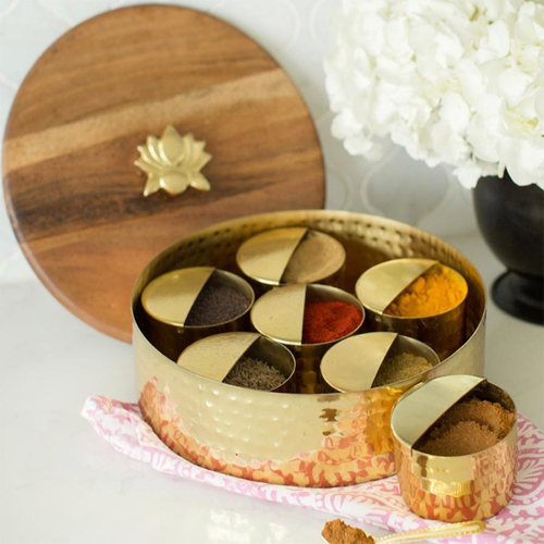 Brass Spice Box With Wooden Lid