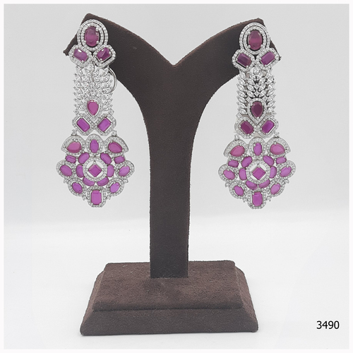 American Diamond Earring With Ruby Colour Stone Work