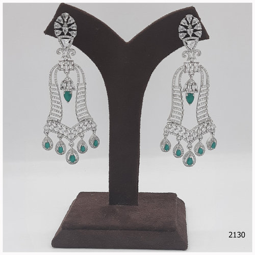 American Diamond Earring With Emerald colour Stone Work And Hanging