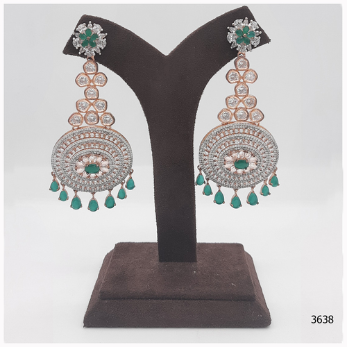 American Diamond Earring With Emerald colour Stone Work And Hanging