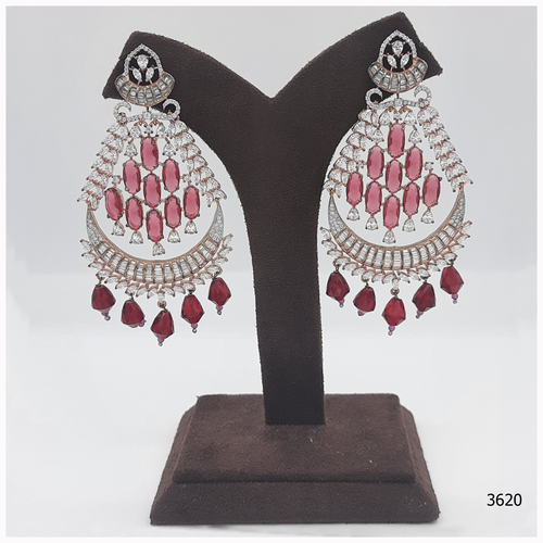 American Diamond Earring With Ruby Colour Stone Work  And Hanging