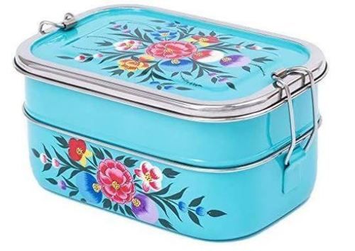 Stainless Steel Blue enamel hand painted Rectangular Lunch Box