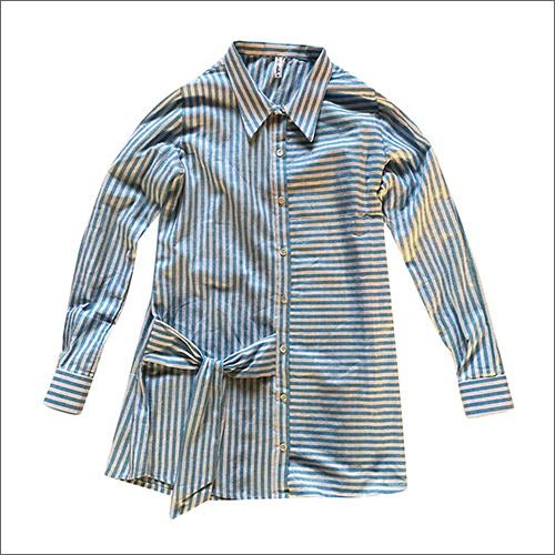 Ladies Stripe Shirt - Cotton Blend, Beaded Closure | Elegant Ribbon Detail for All Seasons