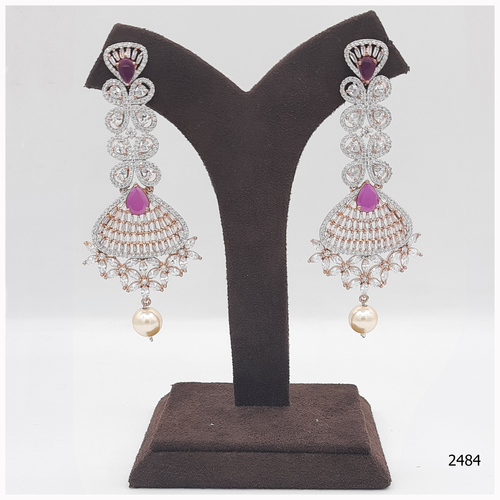 Rose Gold American Diamond Earring With Pink Colour Stone Work And Pearl Hanging