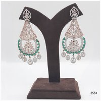 Rose Gold American Diamond Earring With Emerald Colour Stone Work And American Diamond Hanging